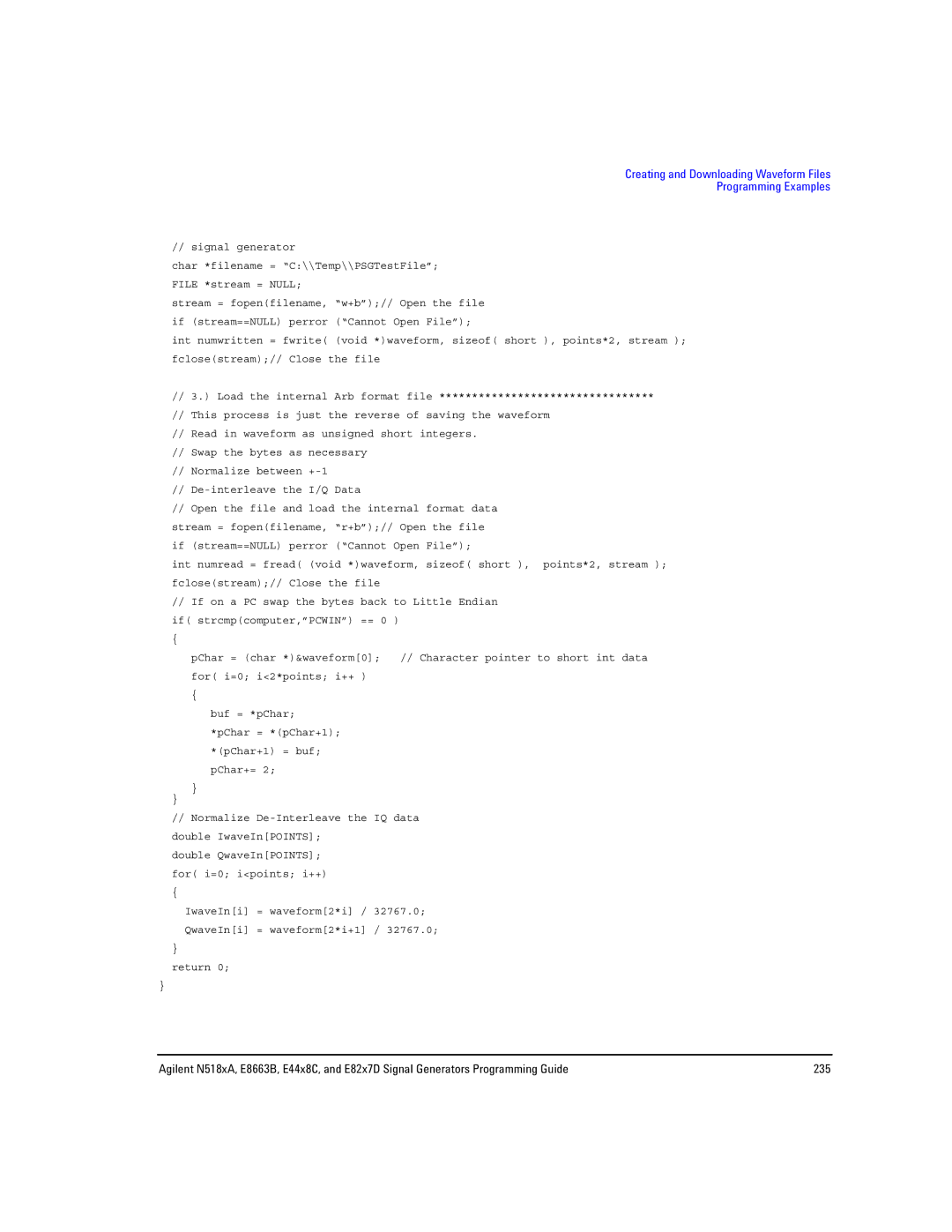 Agilent Technologies N5181A/82A, N5183A MXG, E8663B manual Creating and Downloading Waveform Files Programming Examples 