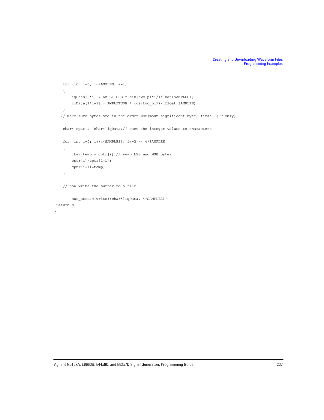 Agilent Technologies E8663B, N5181A/82A, N5183A MXG manual Creating and Downloading Waveform Files Programming Examples 