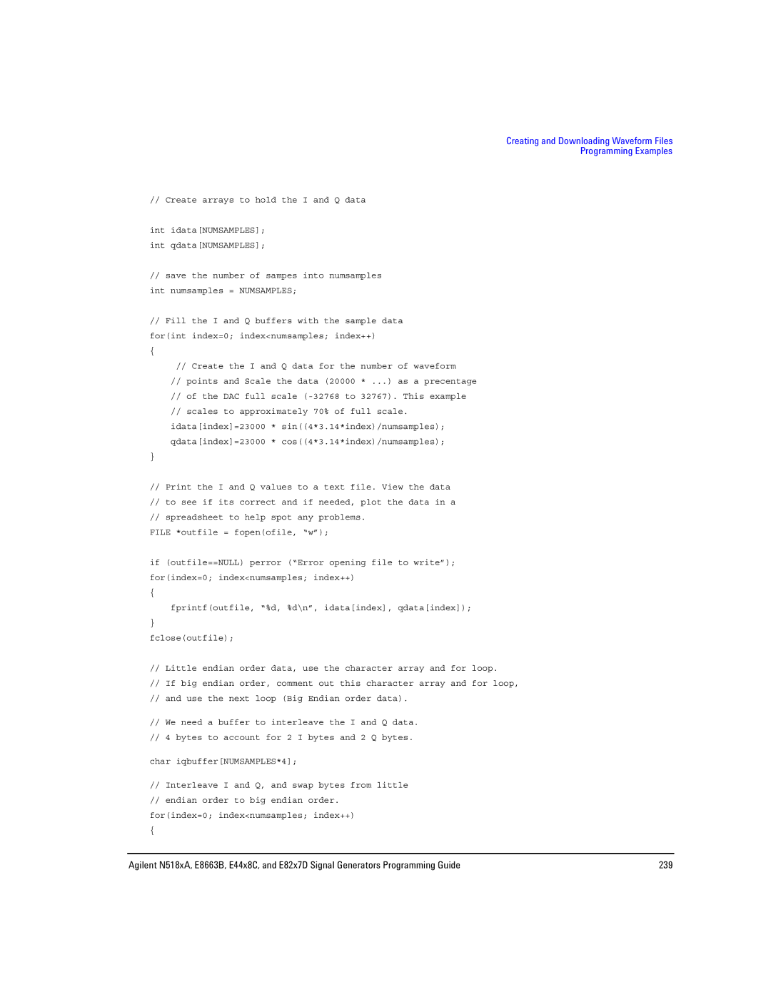 Agilent Technologies N5181A/82A, N5183A MXG, E8663B manual Creating and Downloading Waveform Files Programming Examples 