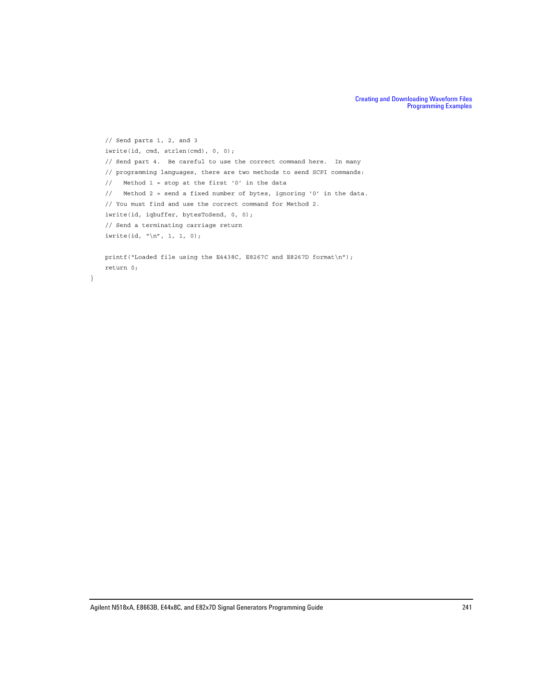 Agilent Technologies E8663B, N5181A/82A, N5183A MXG manual Creating and Downloading Waveform Files Programming Examples 