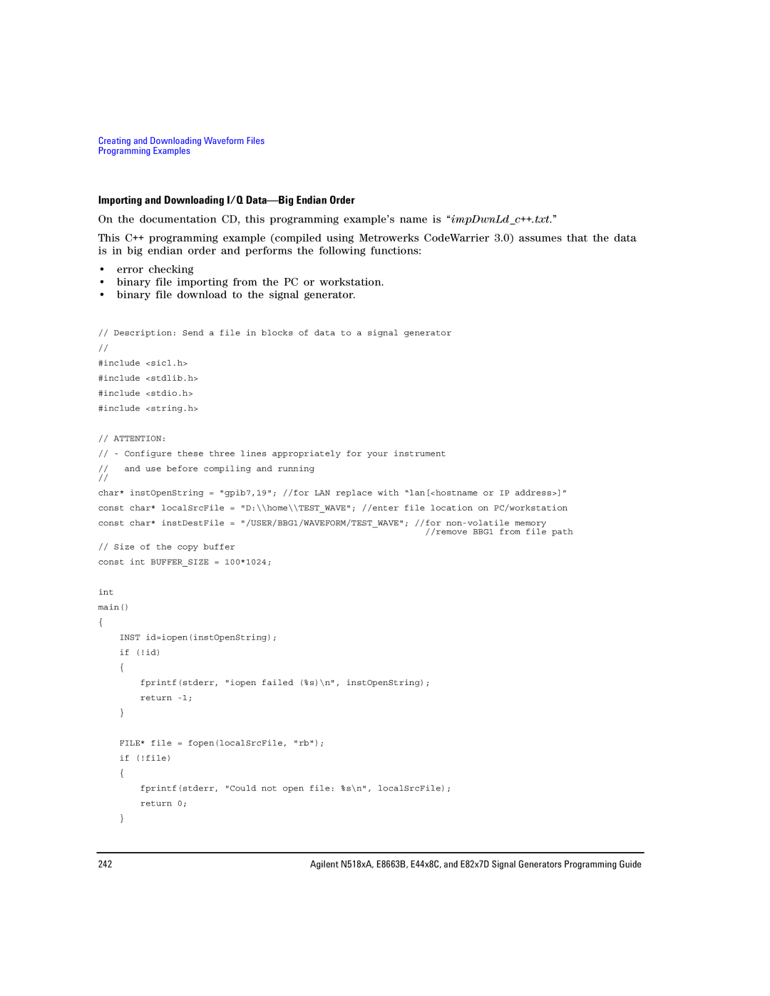 Agilent Technologies N5181A/82A, N5183A MXG, E8663B manual Importing and Downloading I/Q Data-Big Endian Order 