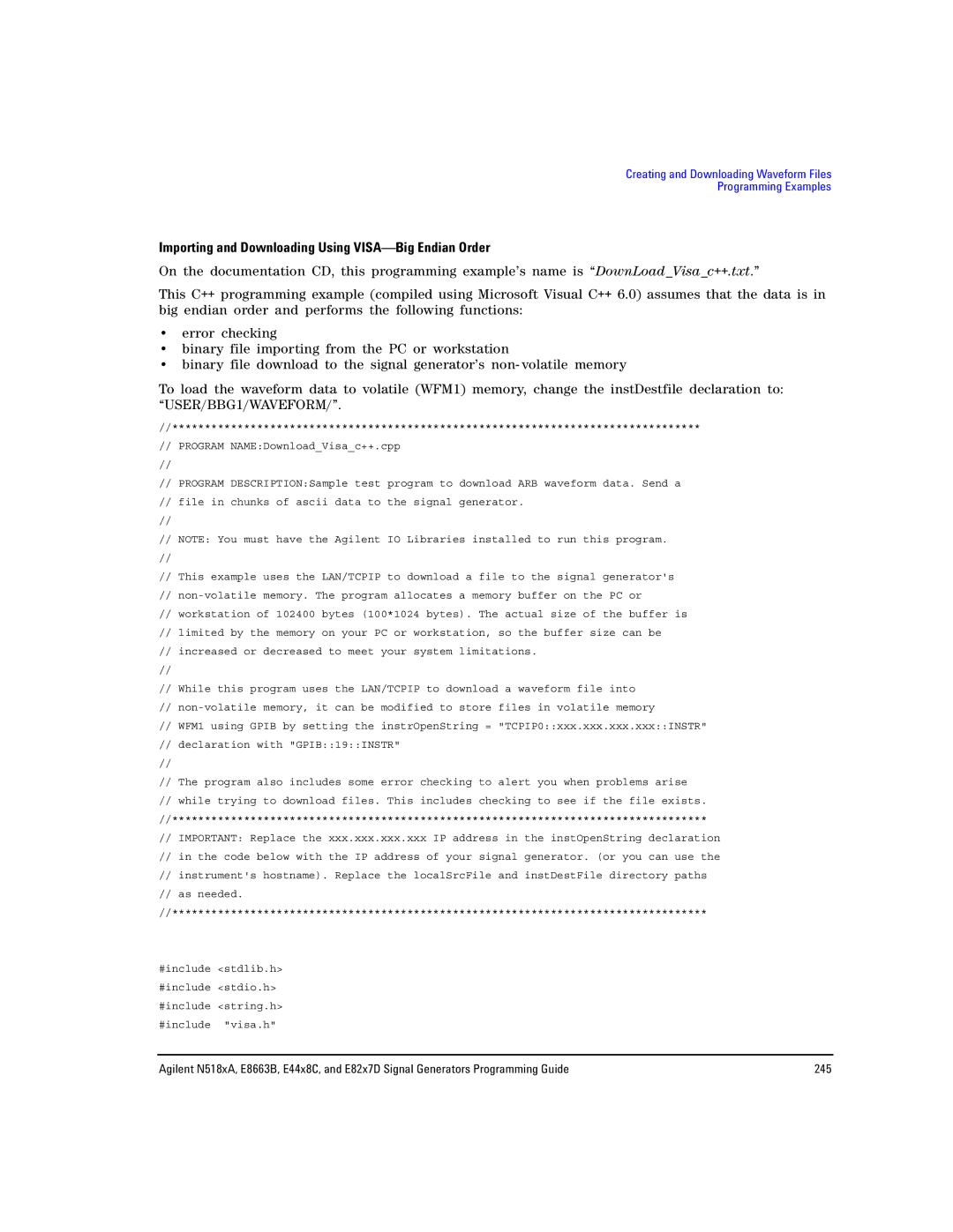 Agilent Technologies E8663B, N5181A/82A, N5183A MXG manual Importing and Downloading Using VISA-Big Endian Order 