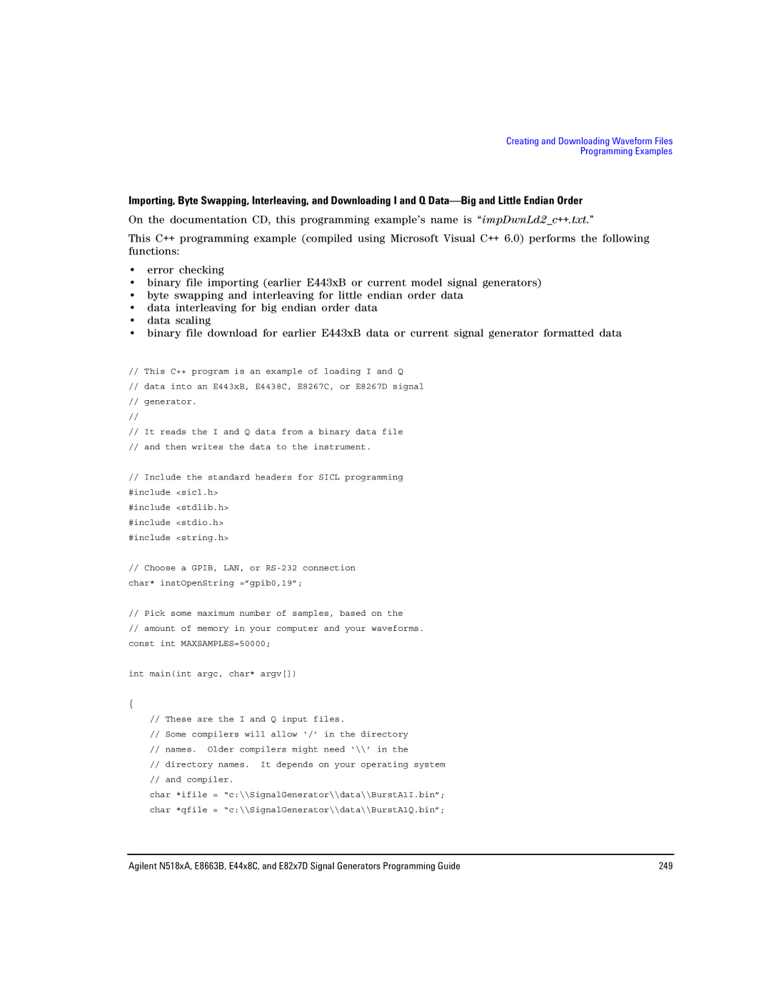 Agilent Technologies E8663B, N5181A/82A, N5183A MXG manual Creating and Downloading Waveform Files Programming Examples 