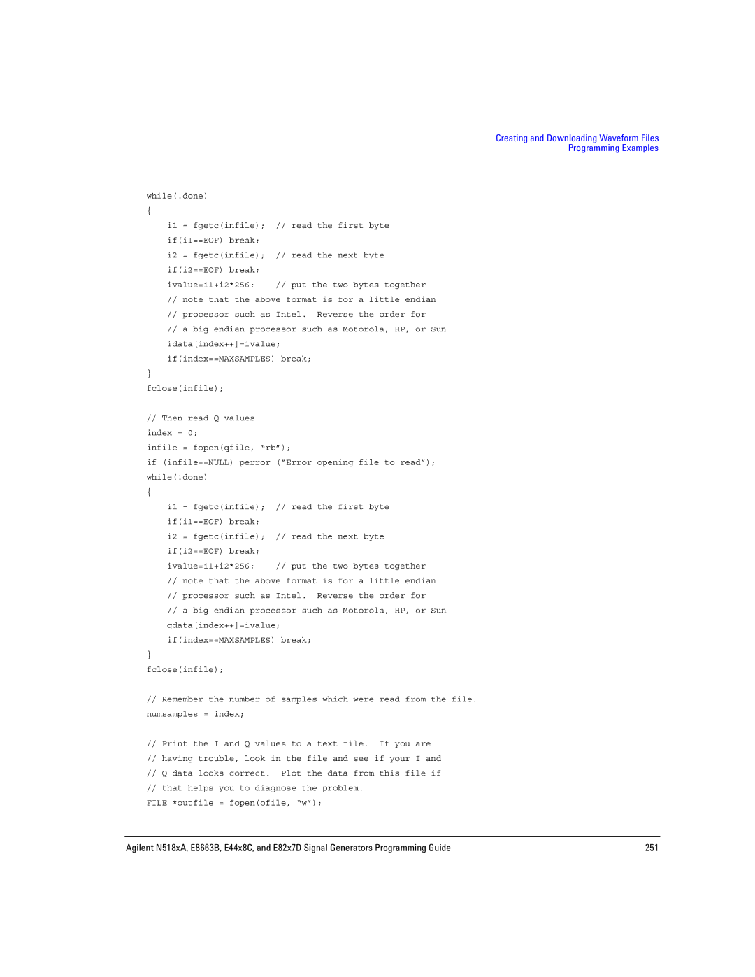 Agilent Technologies N5181A/82A, N5183A MXG, E8663B manual Creating and Downloading Waveform Files Programming Examples 