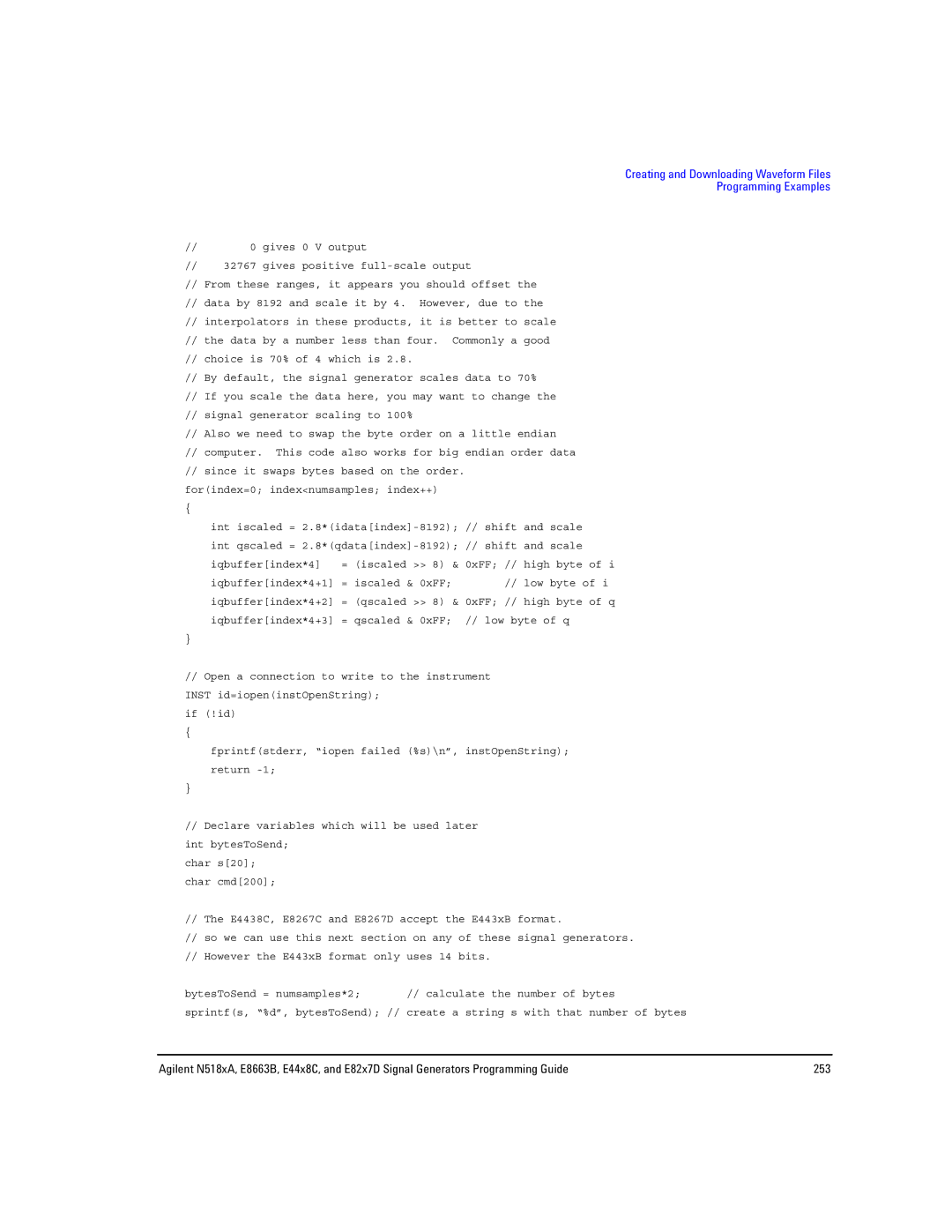 Agilent Technologies E8663B, N5181A/82A, N5183A MXG manual Creating and Downloading Waveform Files Programming Examples 