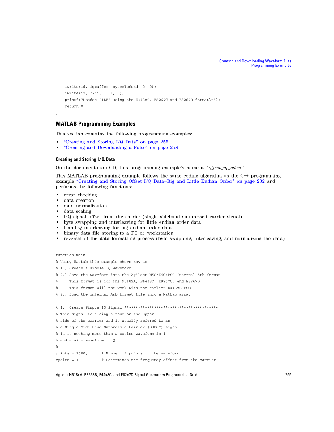 Agilent Technologies N5181A/82A, N5183A MXG, E8663B manual Matlab Programming Examples, Creating and Storing I/Q Data 