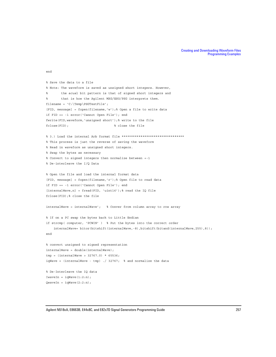 Agilent Technologies E8663B, N5181A/82A, N5183A MXG manual Creating and Downloading Waveform Files Programming Examples 