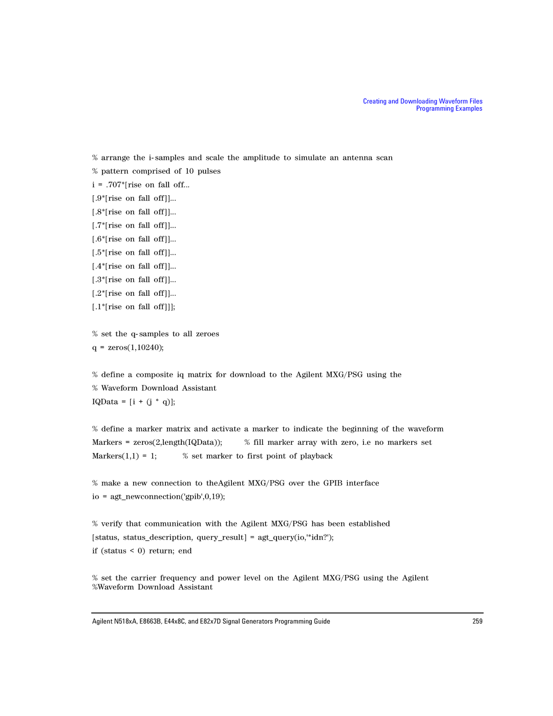 Agilent Technologies N5181A/82A, N5183A MXG, E8663B manual Creating and Downloading Waveform Files Programming Examples 