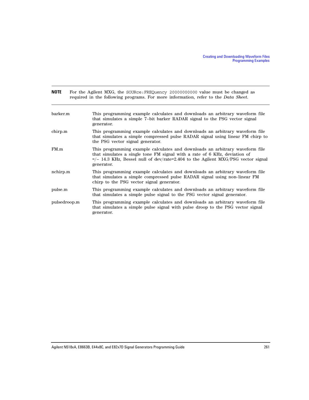 Agilent Technologies E8663B, N5181A/82A, N5183A MXG manual Creating and Downloading Waveform Files Programming Examples 