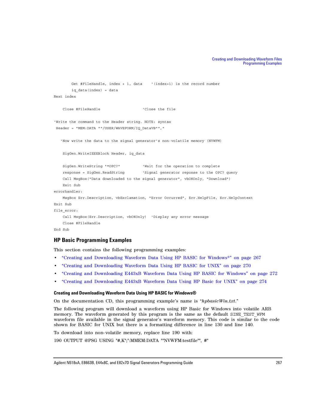 Agilent Technologies N5181A/82A, N5183A MXG, E8663B manual HP Basic Programming Examples 