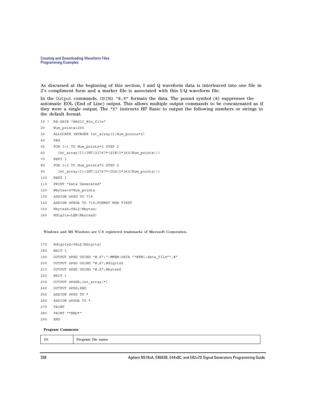 Agilent Technologies N5183A MXG, N5181A/82A, E8663B manual Program Comments 