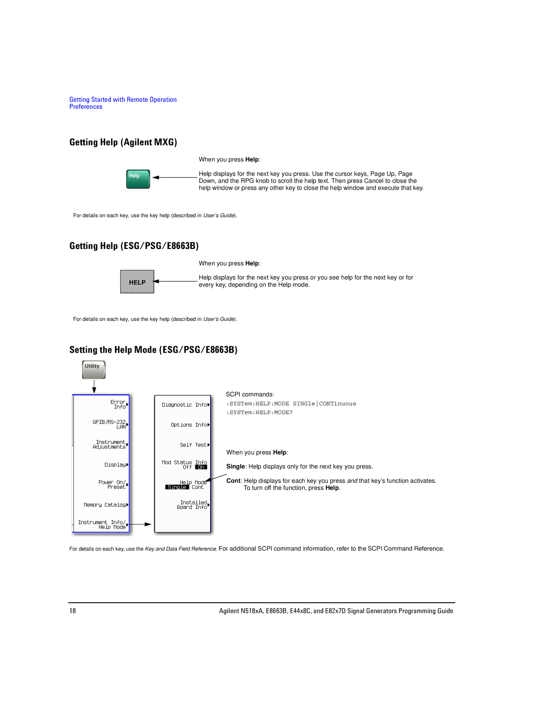 Agilent Technologies N5183A Getting Help Agilent MXG, Getting Help ESG/PSG/E8663B, Setting the Help Mode ESG/PSG/E8663B 