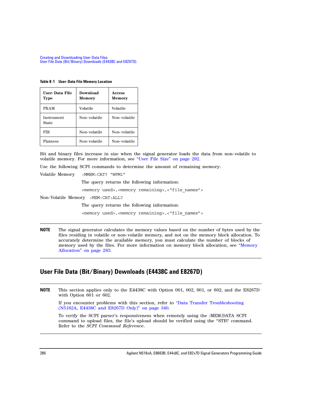 Agilent Technologies N5181A/82A, N5183A MXG, E8663B manual User File Data Bit/Binary Downloads E4438C and E8267D 