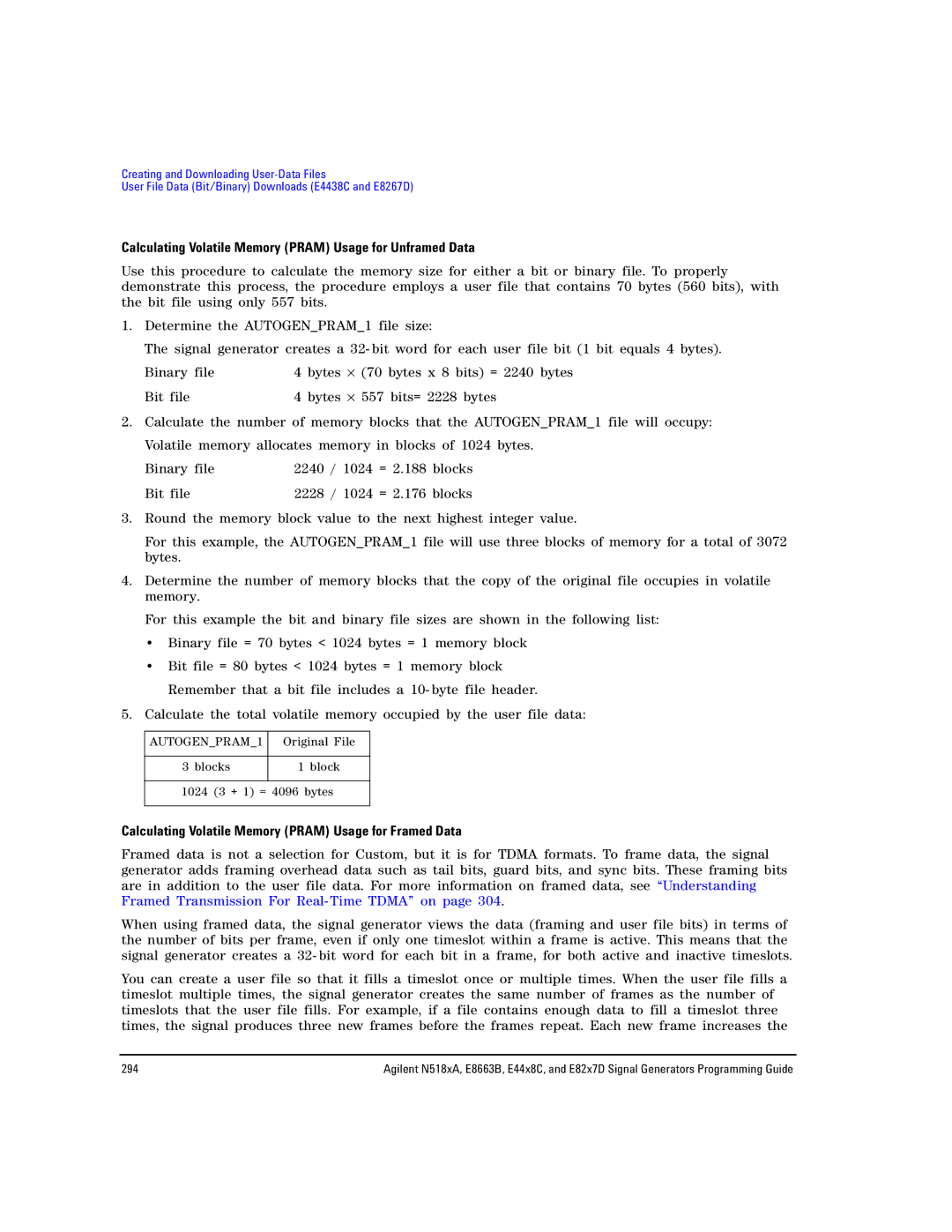 Agilent Technologies N5181A/82A, N5183A MXG, E8663B manual Calculating Volatile Memory Pram Usage for Unframed Data 