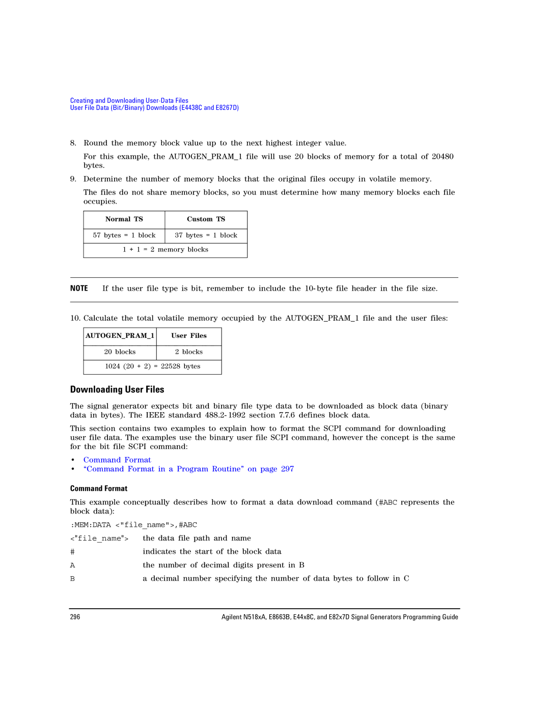 Agilent Technologies N5183A MXG, N5181A/82A, E8663B manual Downloading User Files, Command Format 