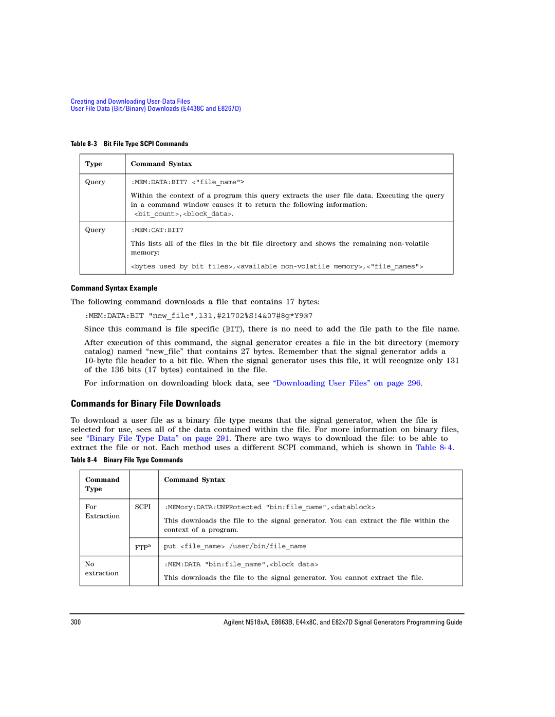 Agilent Technologies N5183A MXG Commands for Binary File Downloads, Command Syntax Example, Binary File Type Commands 