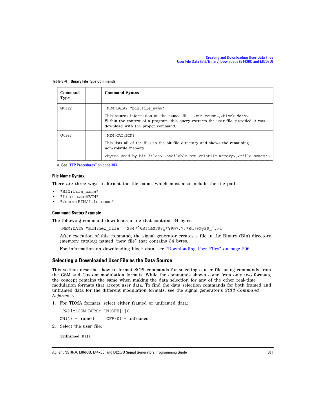 Agilent Technologies E8663B, N5183A, N5181A/82A manual Selecting a Downloaded User File as the Data Source, File Name Syntax 