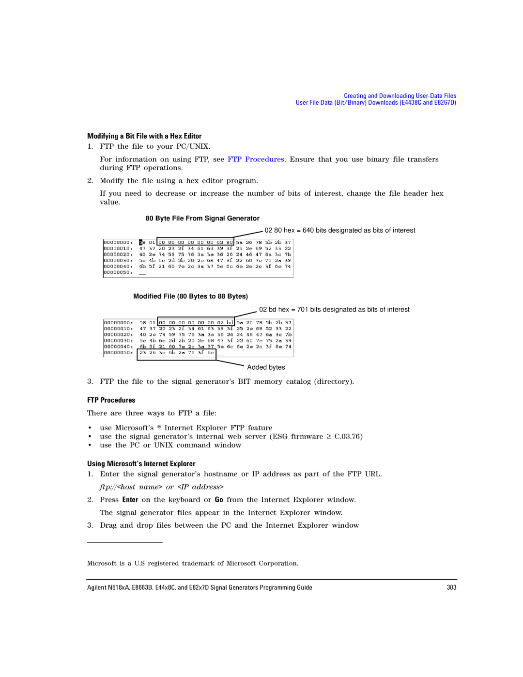 Agilent Technologies N5181A/82A, N5183A MXG, E8663B manual Modifying a Bit File with a Hex Editor, FTP Procedures 