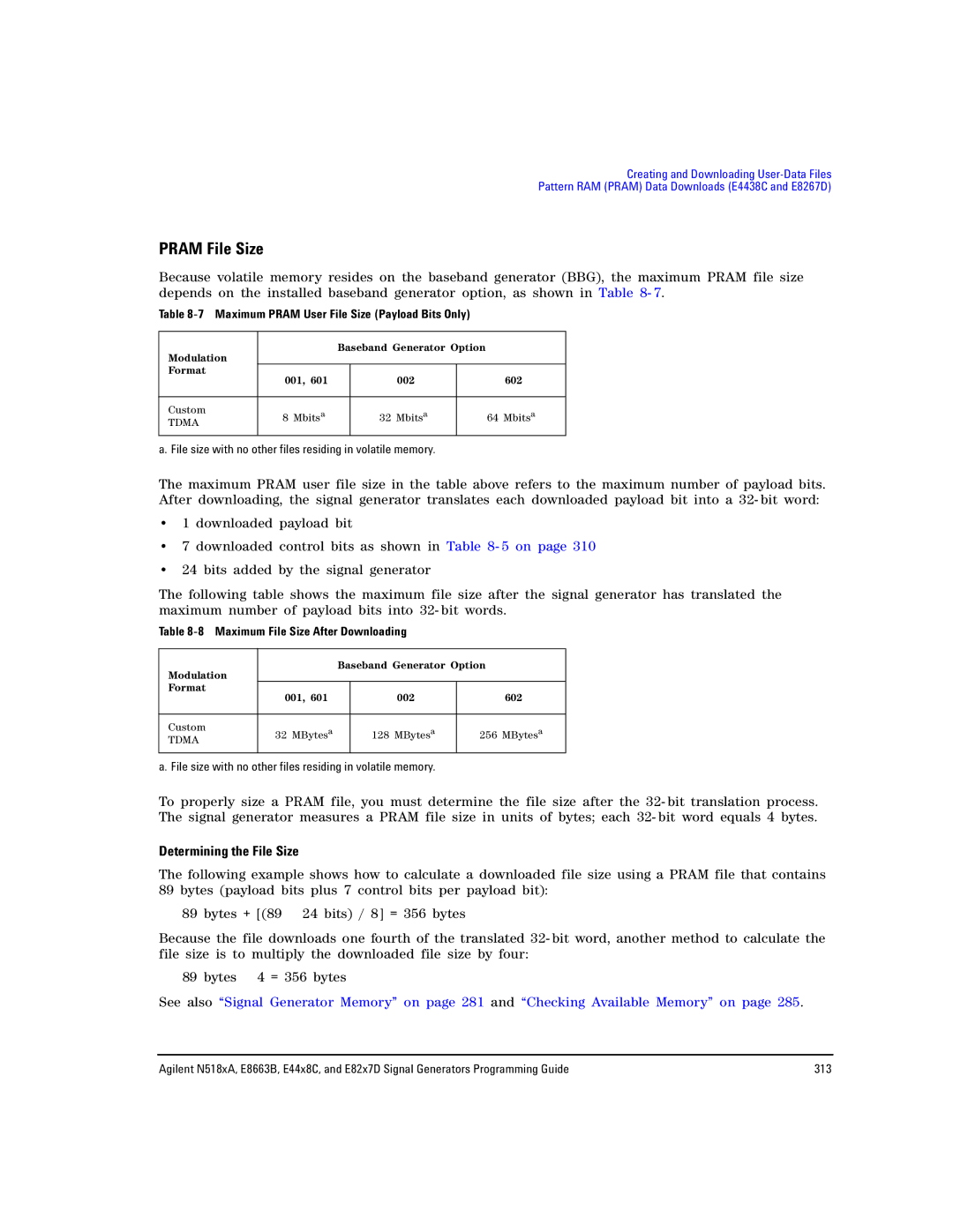 Agilent Technologies E8663B manual Pram File Size, Determining the File Size, Maximum Pram User File Size Payload Bits Only 