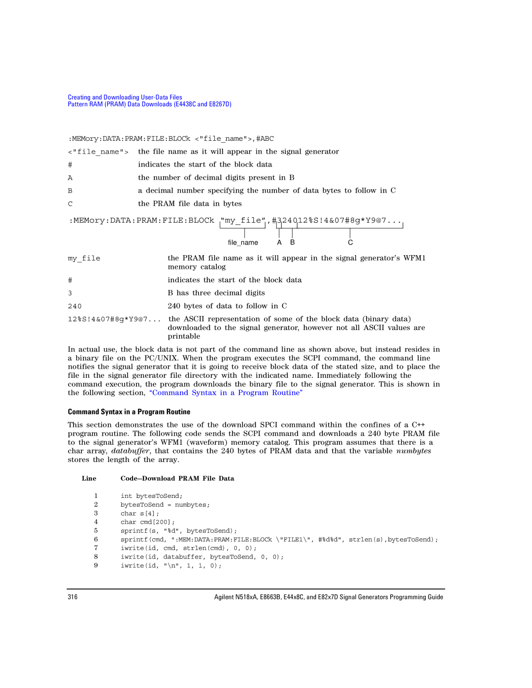 Agilent Technologies N5183A MXG MEMoryDATAPRAMFILEBLOCk myfile,#324012%S!4&07#8g*Y9@7, Command Syntax in a Program Routine 