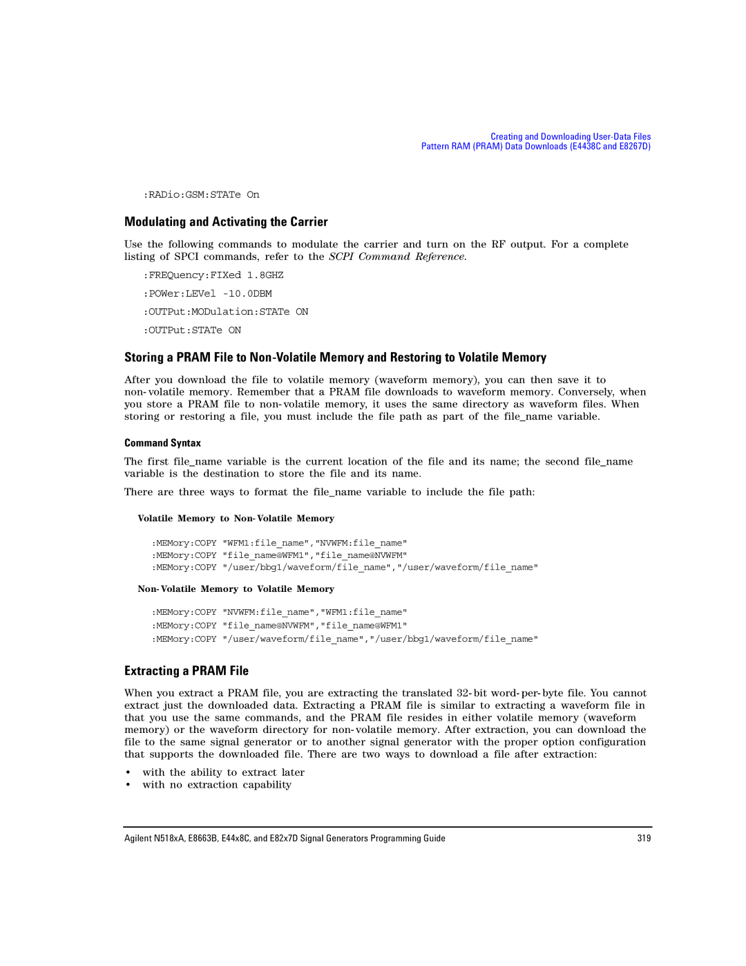 Agilent Technologies N5181A/82A, N5183A MXG, E8663B manual Extracting a Pram File, Volatile Memory to Non- Volatile Memory 