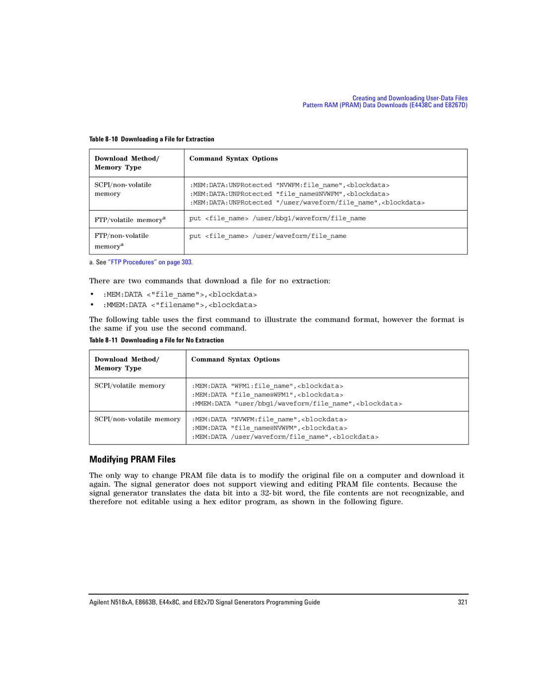 Agilent Technologies E8663B, N5181A/82A, N5183A MXG manual Modifying Pram Files, Downloading a File for No Extraction 