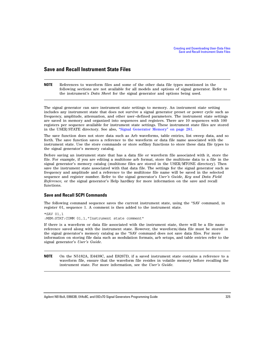 Agilent Technologies E8663B, N5183A, N5181A/82A manual Save and Recall Instrument State Files, Save and Recall Scpi Commands 