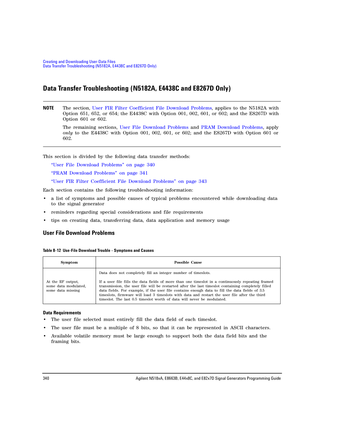 Agilent Technologies N5183A MXG, N5181A/82A, E8663B manual User File Download Problems, Data Requirements 