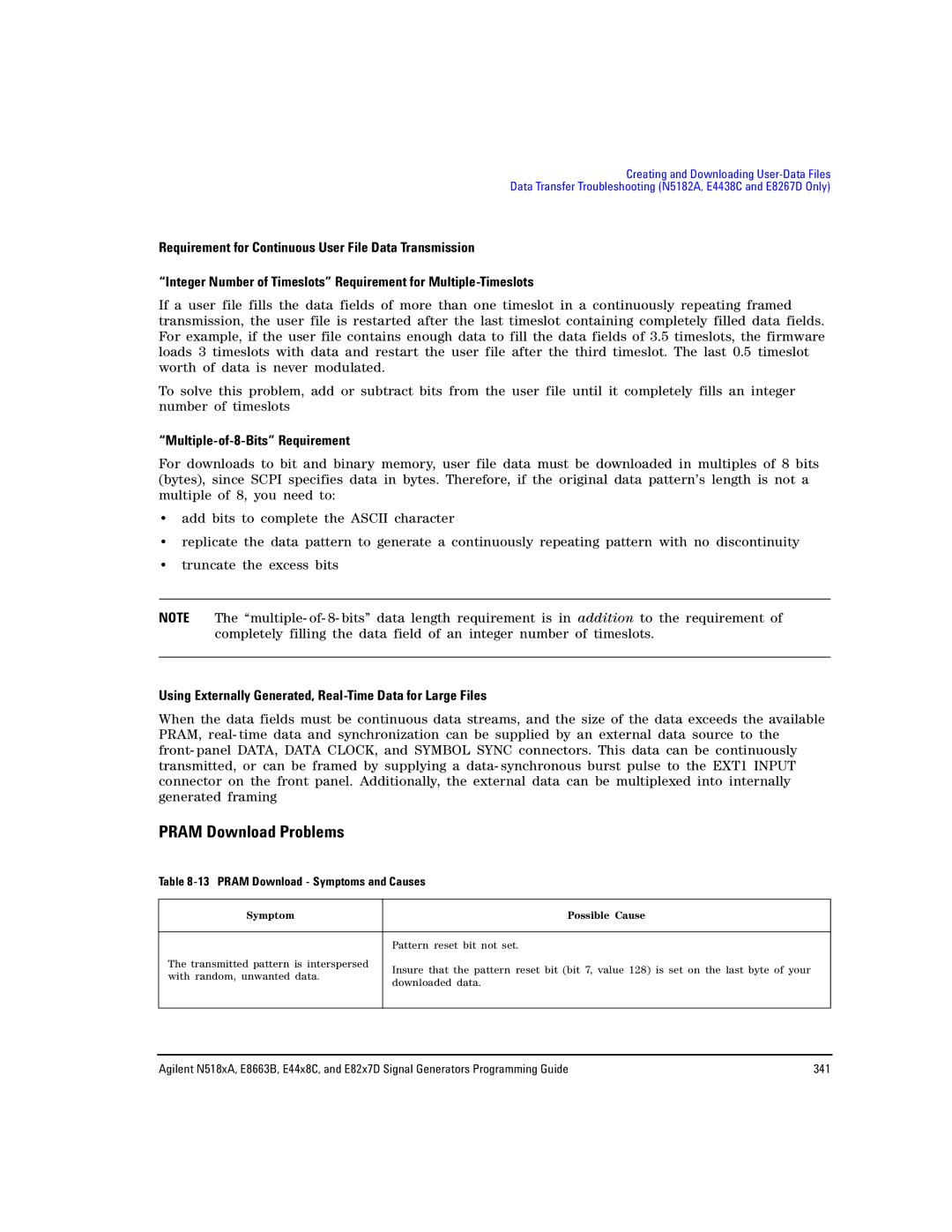 Agilent Technologies E8663B Pram Download Problems, Multiple-of-8-Bits Requirement, Pram Download Symptoms and Causes 
