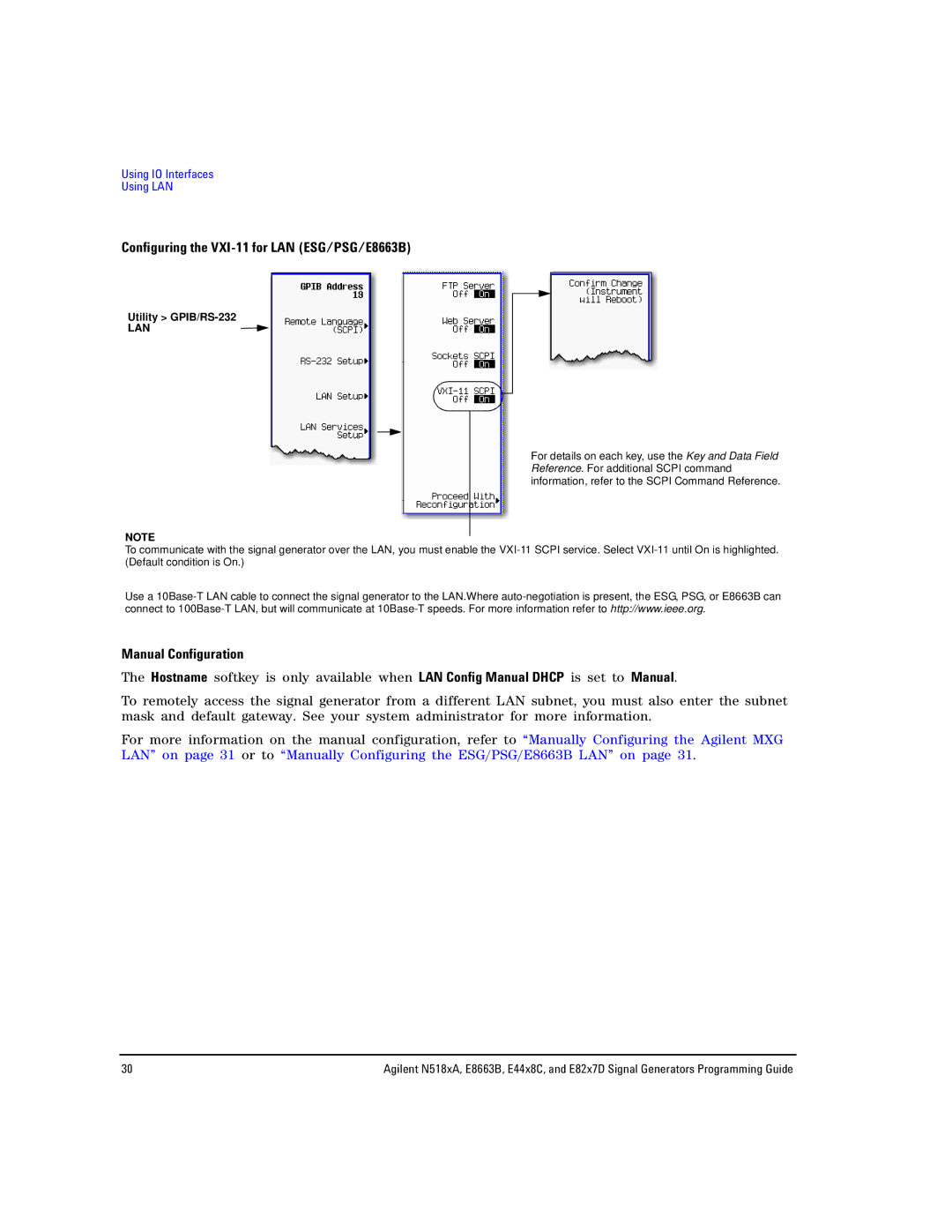 Agilent Technologies N5181A/82A, N5183A MXG manual Configuring the VXI-11 for LAN ESG/PSG/E8663B, Manual Configuration 