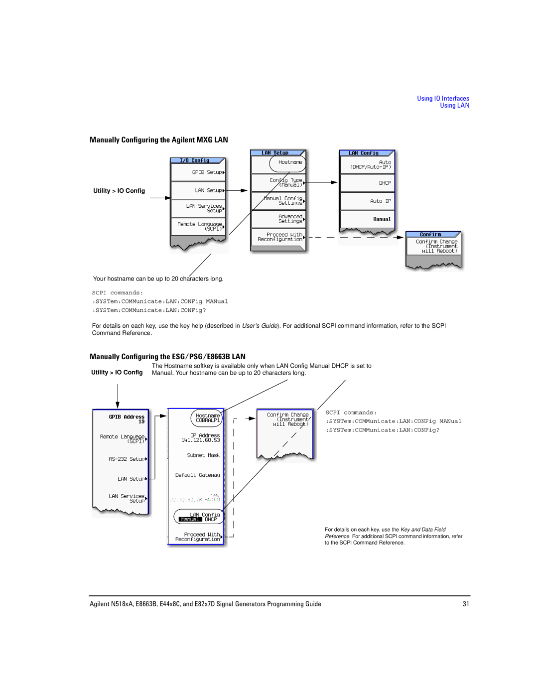 Agilent Technologies N5181A/82A Manually Configuring the Agilent MXG LAN, Manually Configuring the ESG/PSG/E8663B LAN 