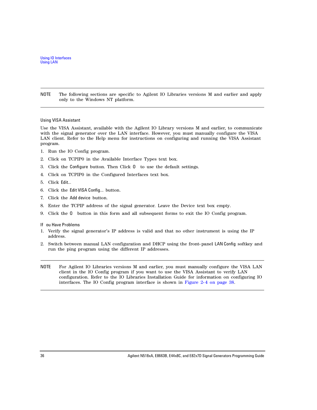 Agilent Technologies N5183A MXG, N5181A/82A, E8663B Using Visa Assistant, Click Edit Click the Edit Visa Config... button 