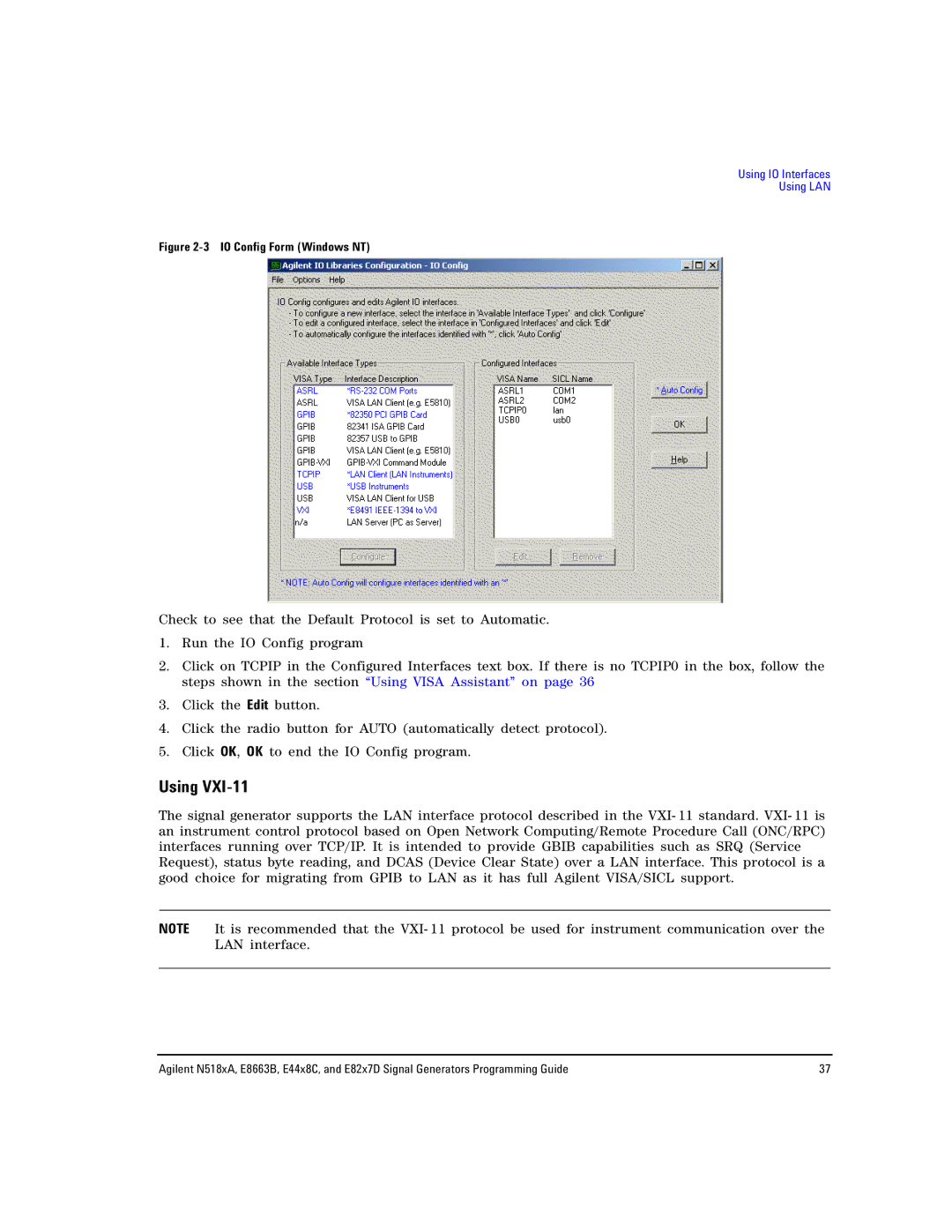 Agilent Technologies E8663B, N5181A/82A, N5183A MXG manual Using, IO Config Form Windows NT 