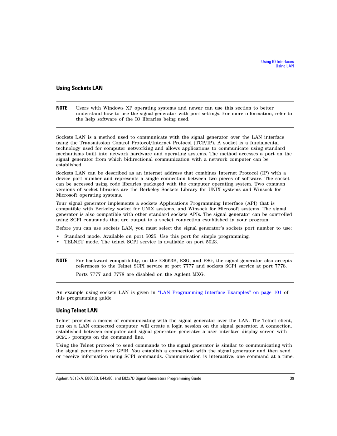 Agilent Technologies N5181A/82A, N5183A MXG, E8663B manual Using Sockets LAN, Using Telnet LAN 