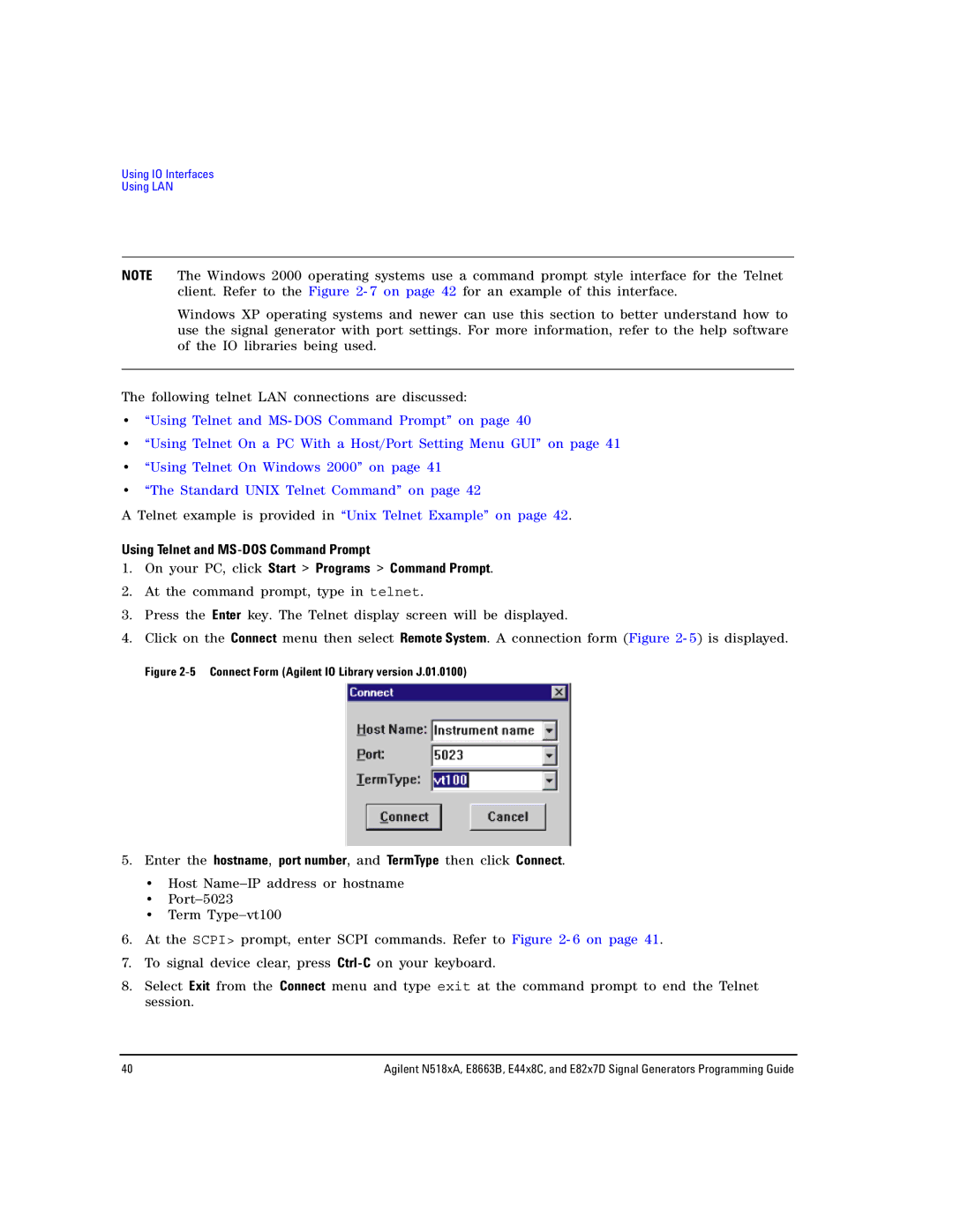 Agilent Technologies N5183A MXG, N5181A/82A, E8663B manual Telnet example is provided in Unix Telnet Example on 