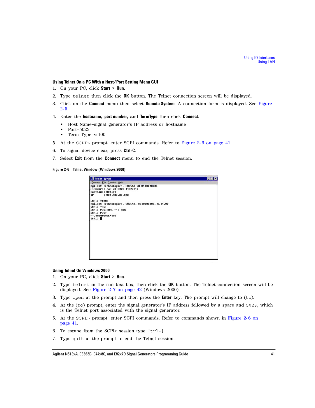 Agilent Technologies E8663B, N5183A manual Using Telnet On a PC With a Host/Port Setting Menu GUI, Using Telnet On Windows 