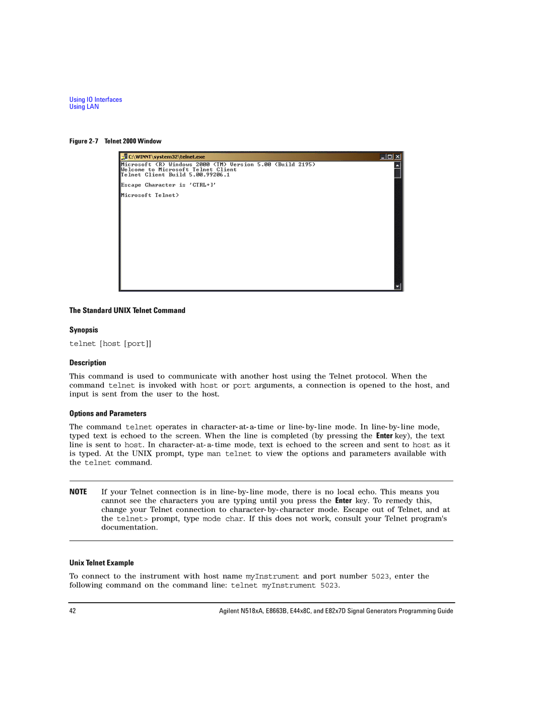 Agilent Technologies N5183A, N5181A/82A, E8663B Standard Unix Telnet Command Synopsis, Description, Options and Parameters 