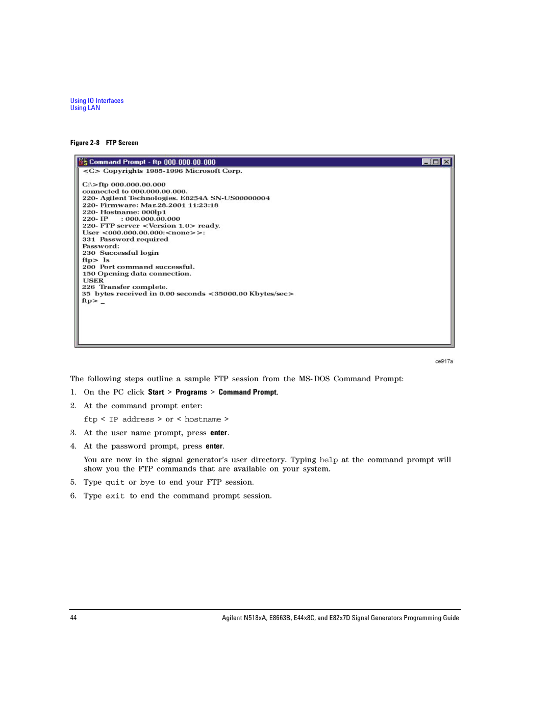 Agilent Technologies N5183A MXG, N5181A/82A, E8663B manual On the PC click Start Programs Command Prompt, FTP Screen 