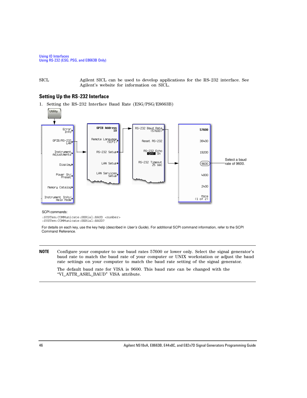 Agilent Technologies N5183A manual Setting Up the RS-232 Interface, Setting the RS- 232 Interface Baud Rate ESG/PSG/E8663B 