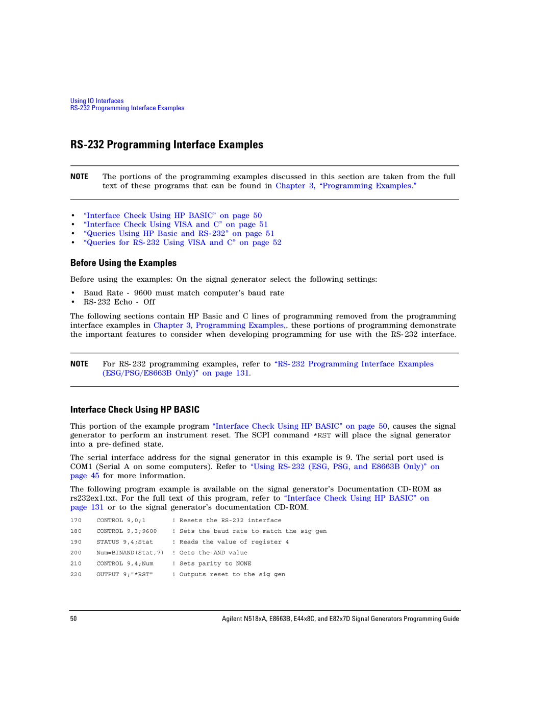 Agilent Technologies N5181A/82A, N5183A MXG, E8663B RS-232 Programming Interface Examples, Before Using the Examples 