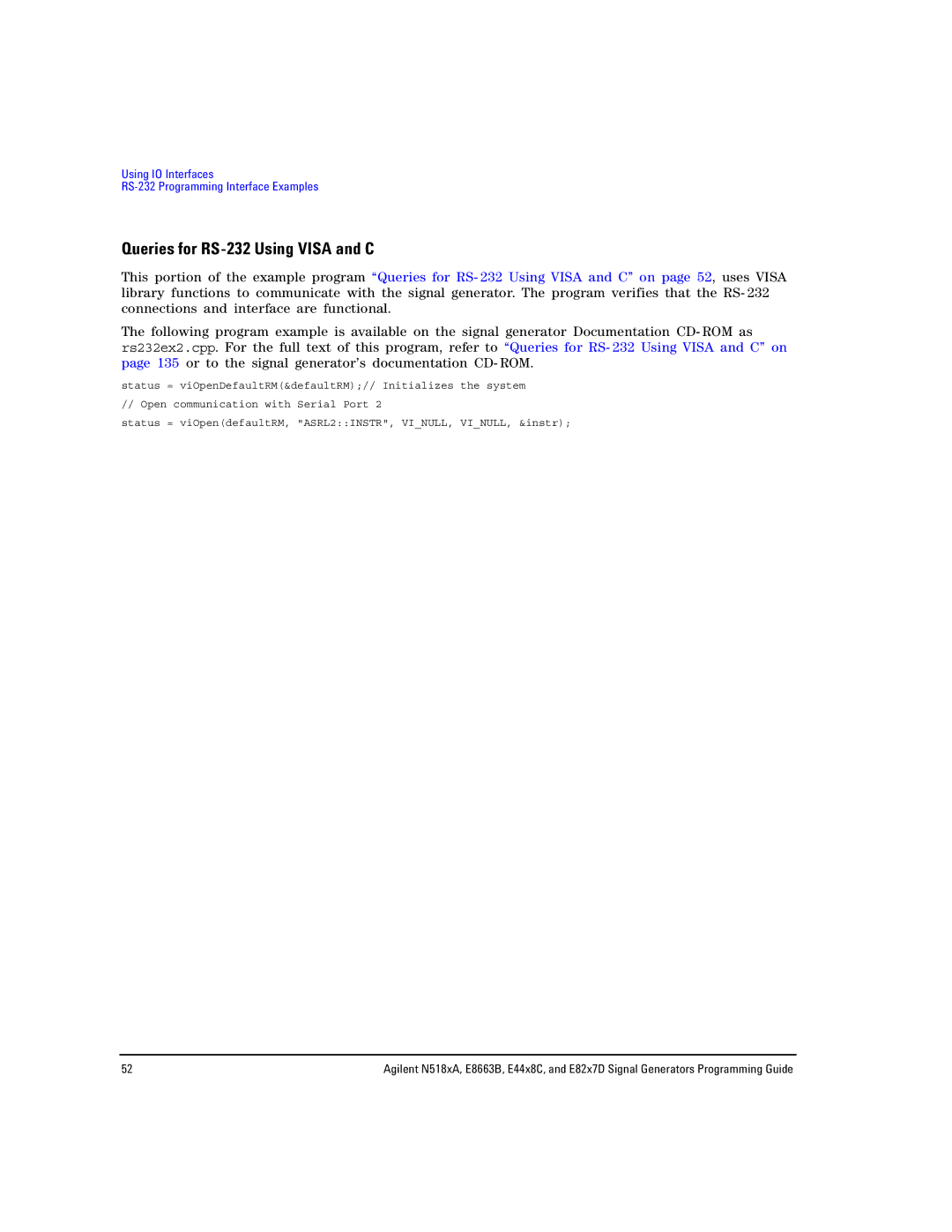 Agilent Technologies N5183A MXG, N5181A/82A, E8663B manual Queries for RS-232 Using Visa and C 