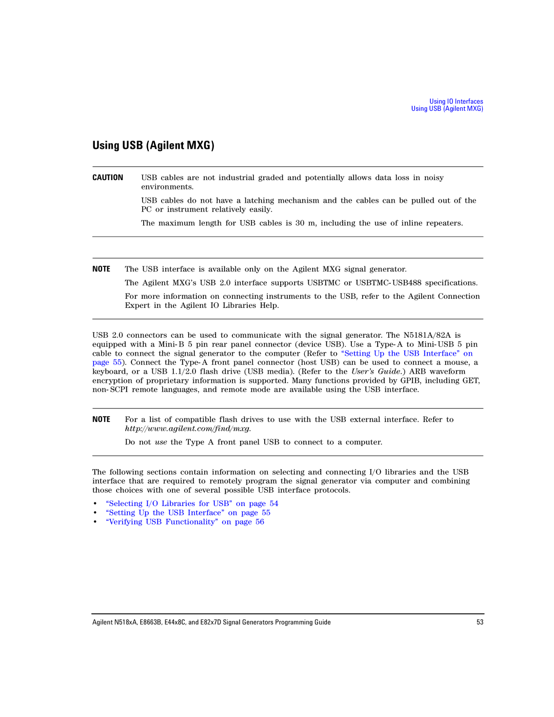 Agilent Technologies E8663B, N5181A/82A, N5183A MXG manual Using USB Agilent MXG 