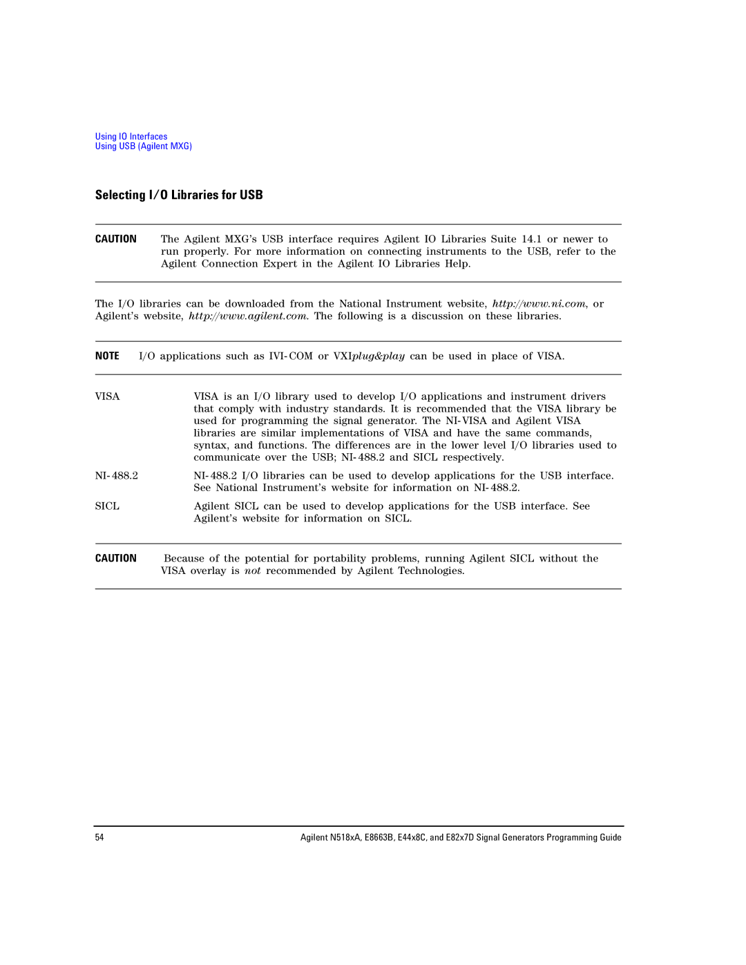 Agilent Technologies N5181A/82A, N5183A MXG, E8663B manual Selecting I/O Libraries for USB 