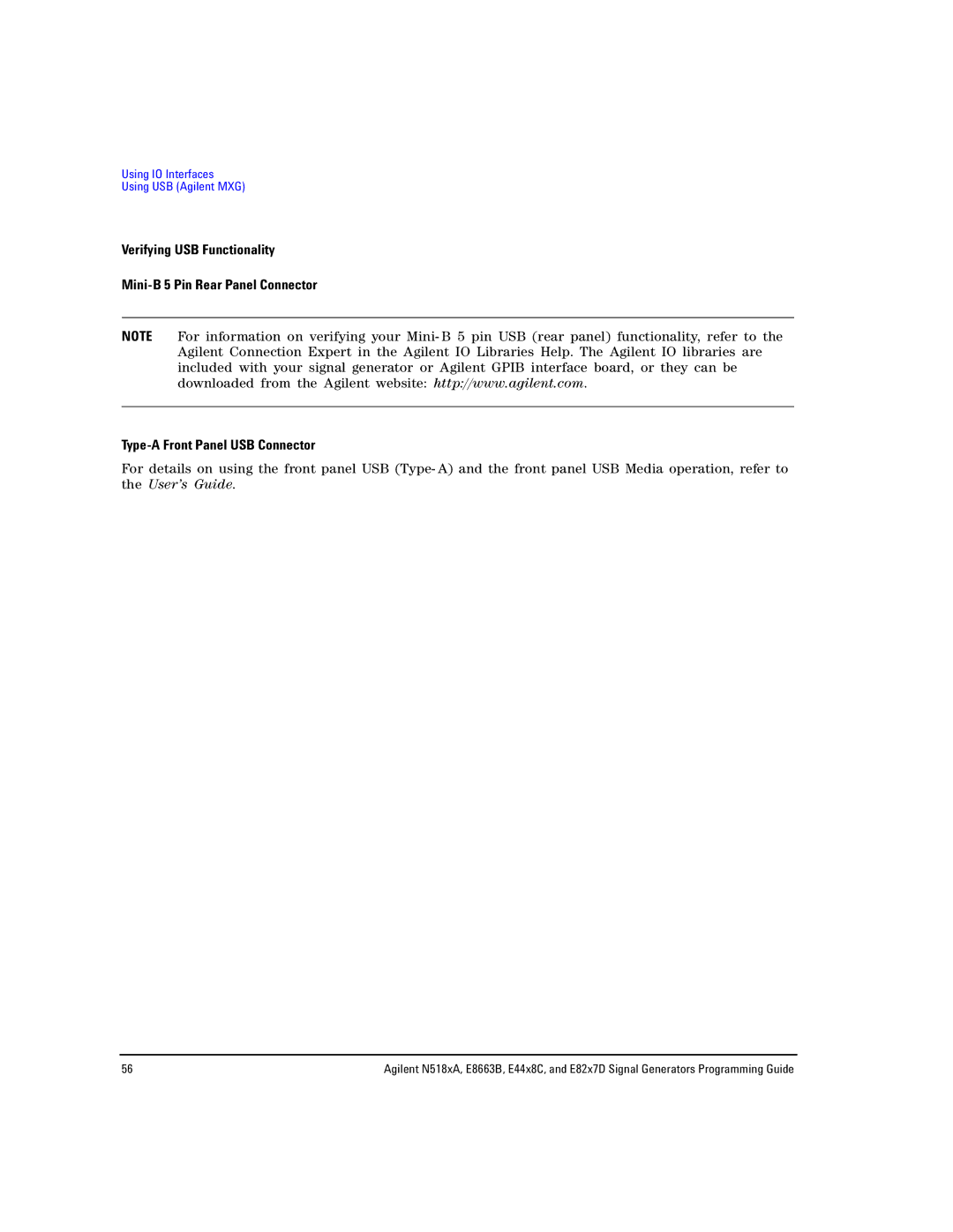 Agilent Technologies N5183A MXG, N5181A/82A, E8663B manual Using IO Interfaces Using USB Agilent MXG 