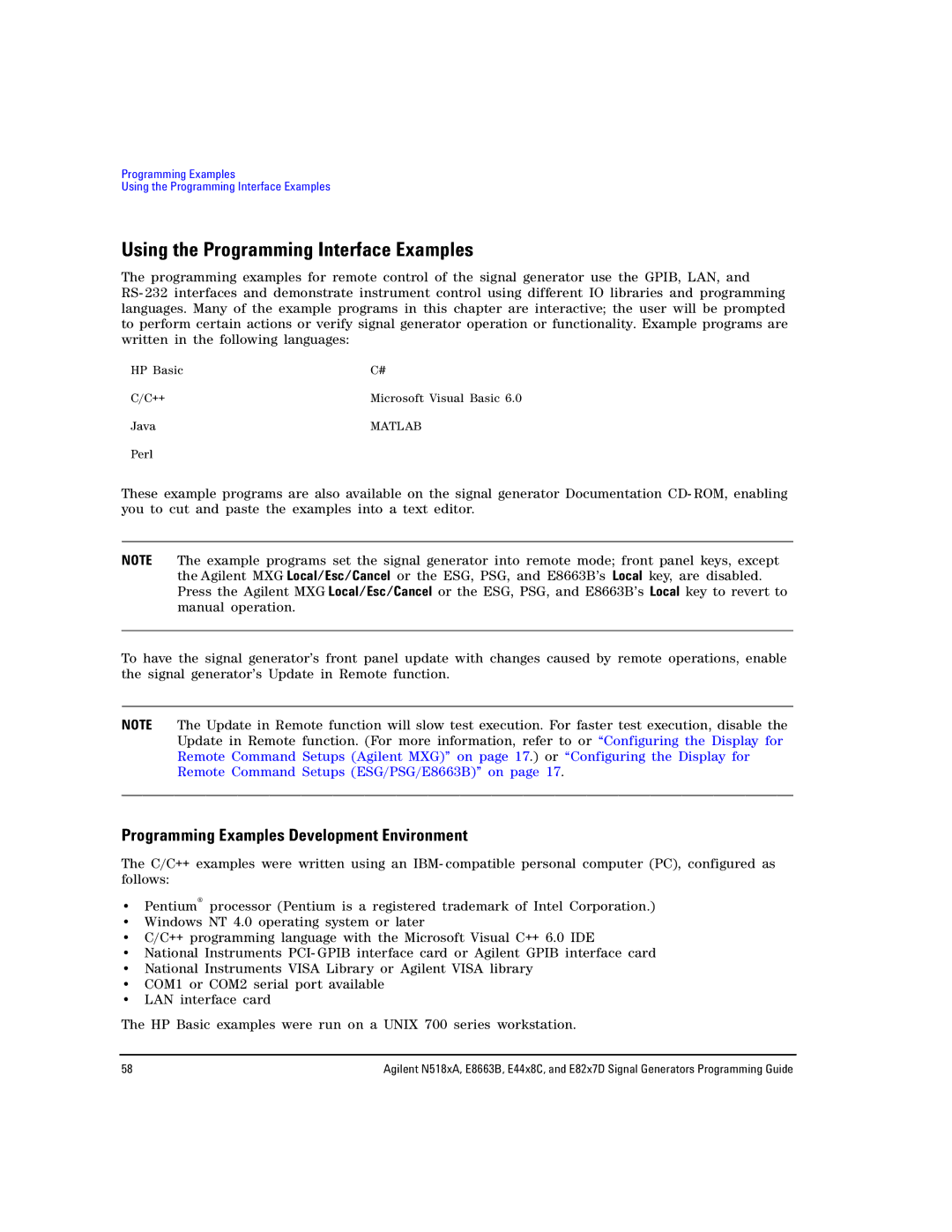 Agilent Technologies N5183A, E8663B Using the Programming Interface Examples, Programming Examples Development Environment 