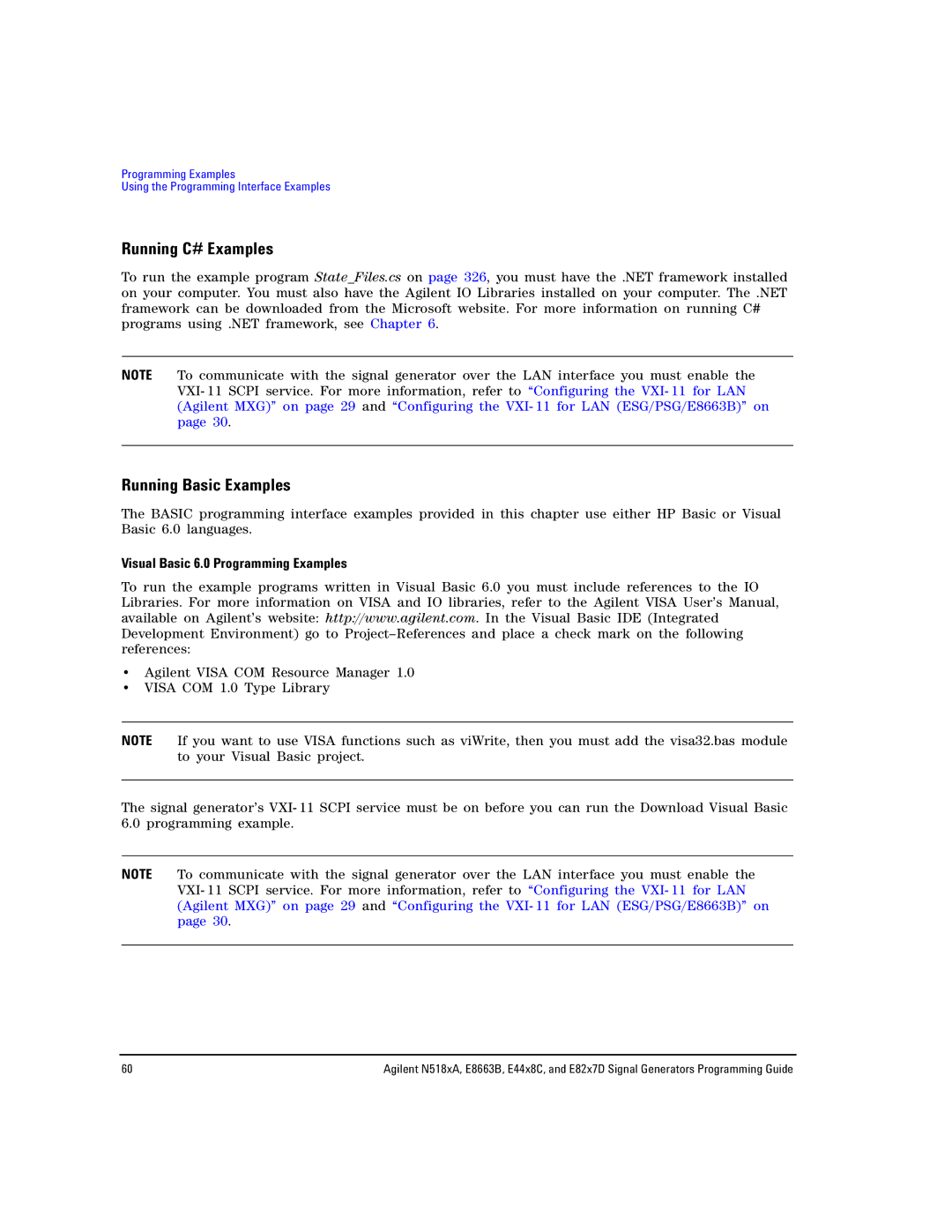 Agilent Technologies N5183A MXG, E8663B Running C# Examples, Running Basic Examples, Visual Basic 6.0 Programming Examples 