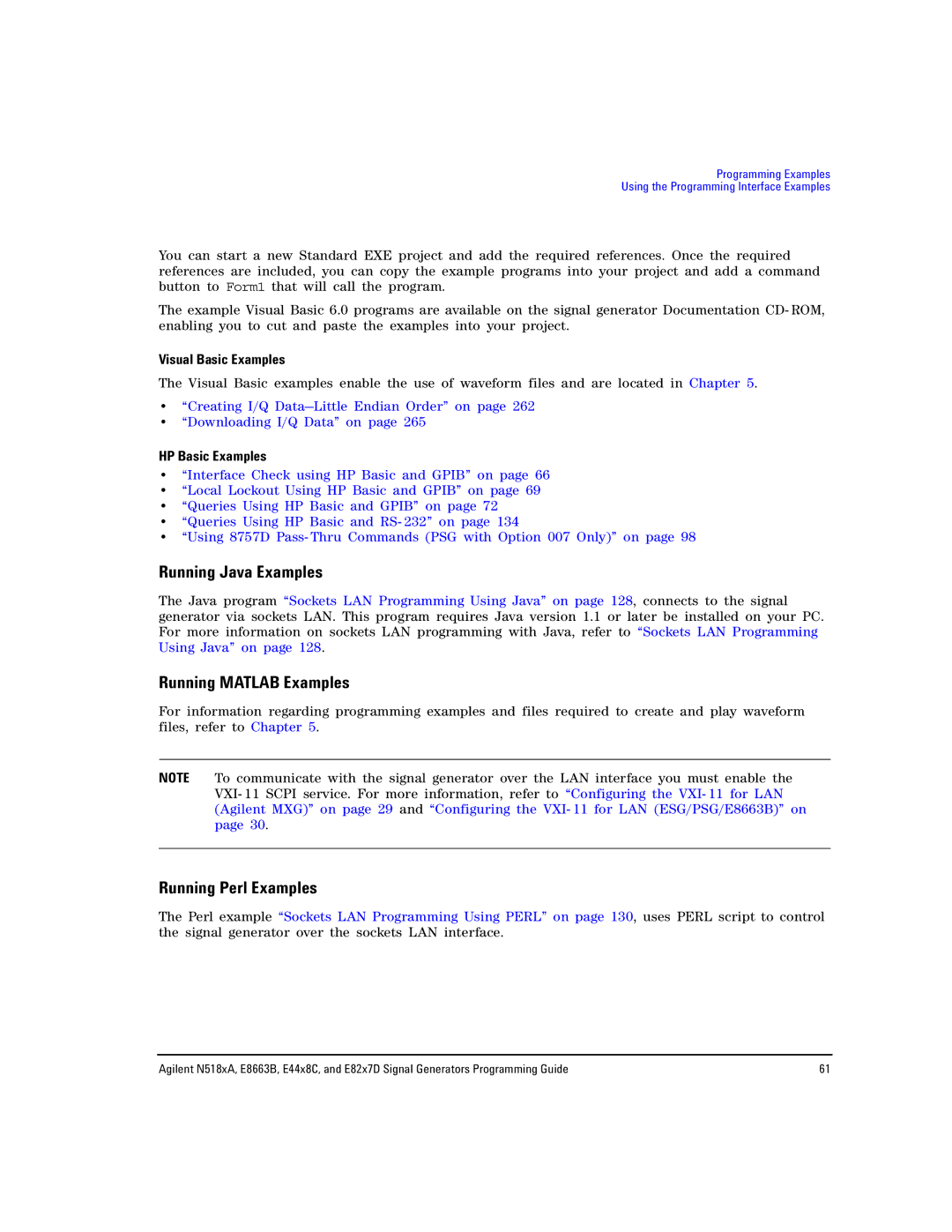 Agilent Technologies E8663B Running Java Examples, Running Matlab Examples, Running Perl Examples, Visual Basic Examples 