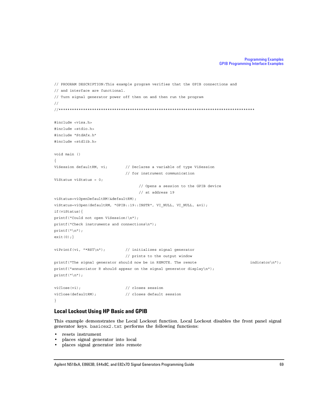 Agilent Technologies E8663B, N5181A/82A, N5183A MXG manual Local Lockout Using HP Basic and Gpib 