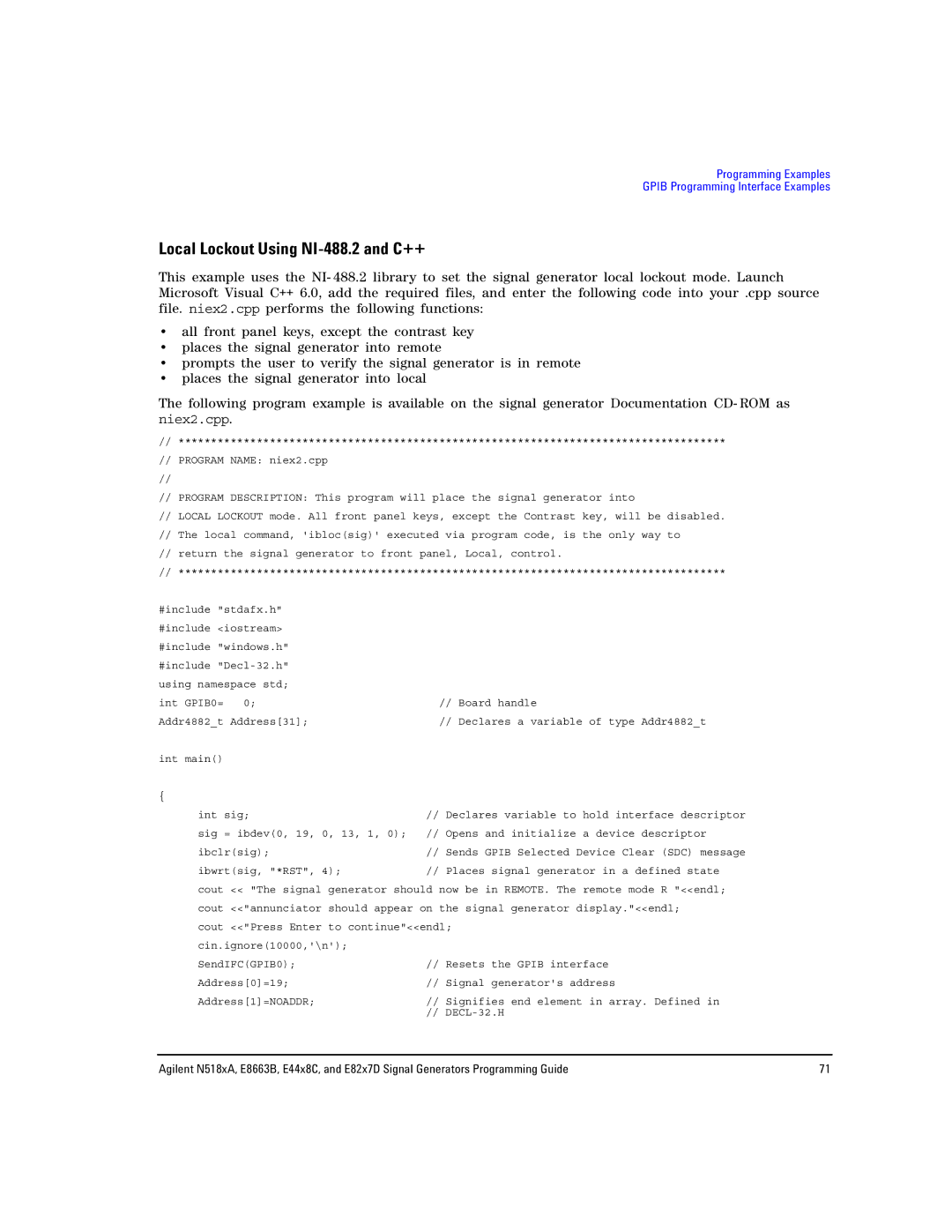 Agilent Technologies N5181A/82A, N5183A MXG, E8663B manual Local Lockout Using NI-488.2 and C++ 