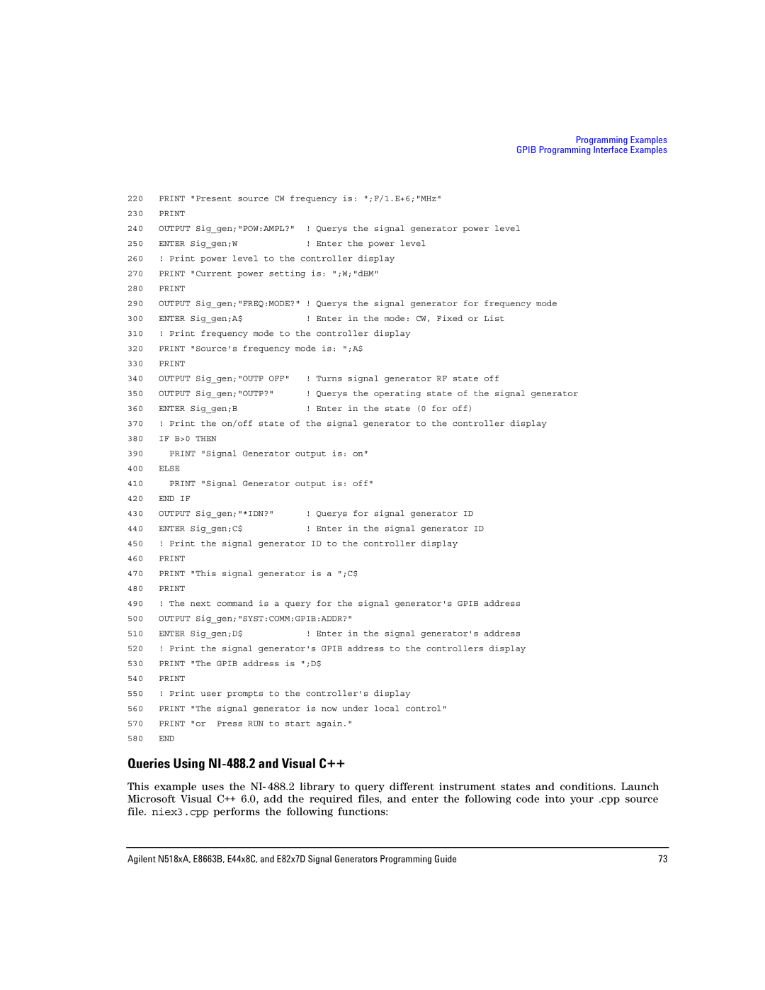 Agilent Technologies E8663B, N5181A/82A, N5183A MXG manual Queries Using NI-488.2 and Visual C++ 